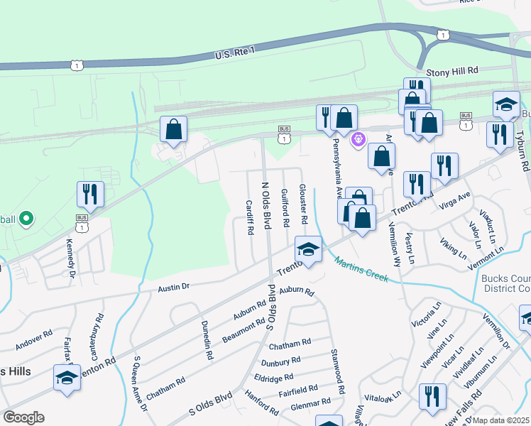 map of restaurants, bars, coffee shops, grocery stores, and more near 251 North Olds Boulevard in Fairless Hills