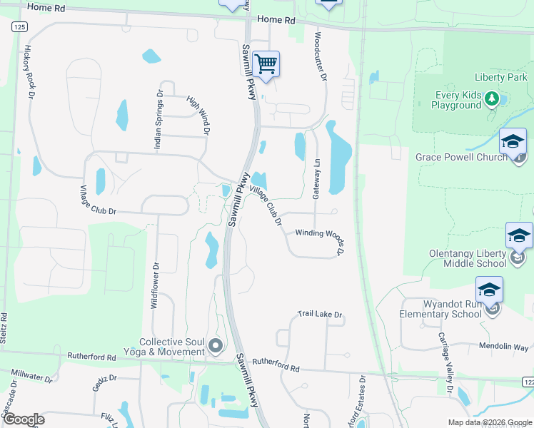 map of restaurants, bars, coffee shops, grocery stores, and more near 3491 Village Club Drive in Powell