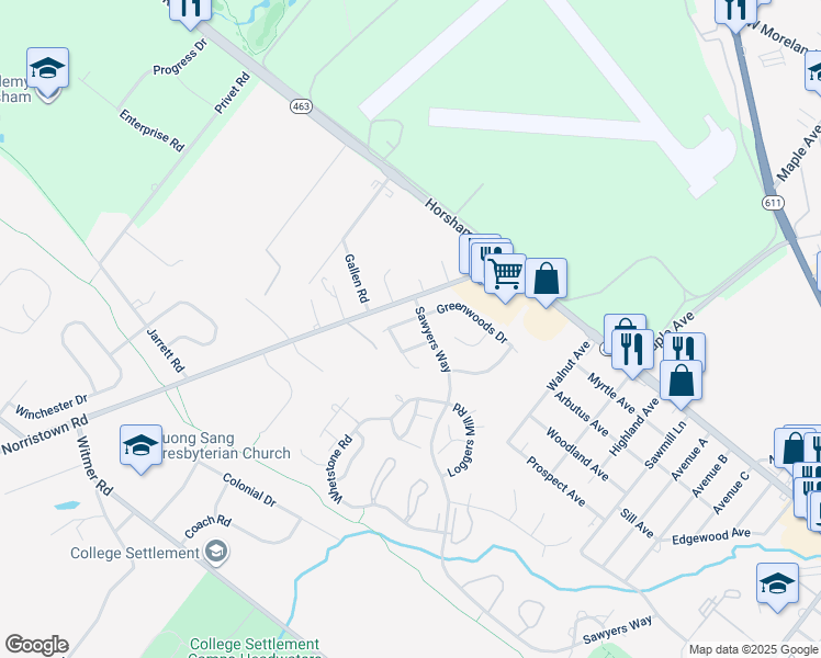 map of restaurants, bars, coffee shops, grocery stores, and more near 70 Greenwoods Drive in Horsham