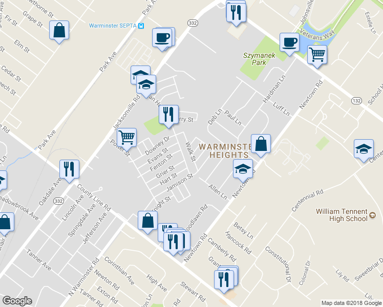 map of restaurants, bars, coffee shops, grocery stores, and more near 2 Gilbert Street in Warminster