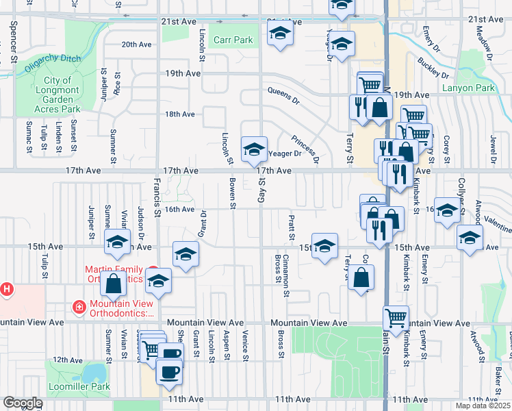 map of restaurants, bars, coffee shops, grocery stores, and more near 1211 16th Avenue in Longmont