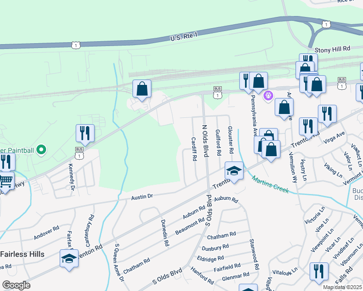 map of restaurants, bars, coffee shops, grocery stores, and more near 257 Collingswood Road in Fairless Hills