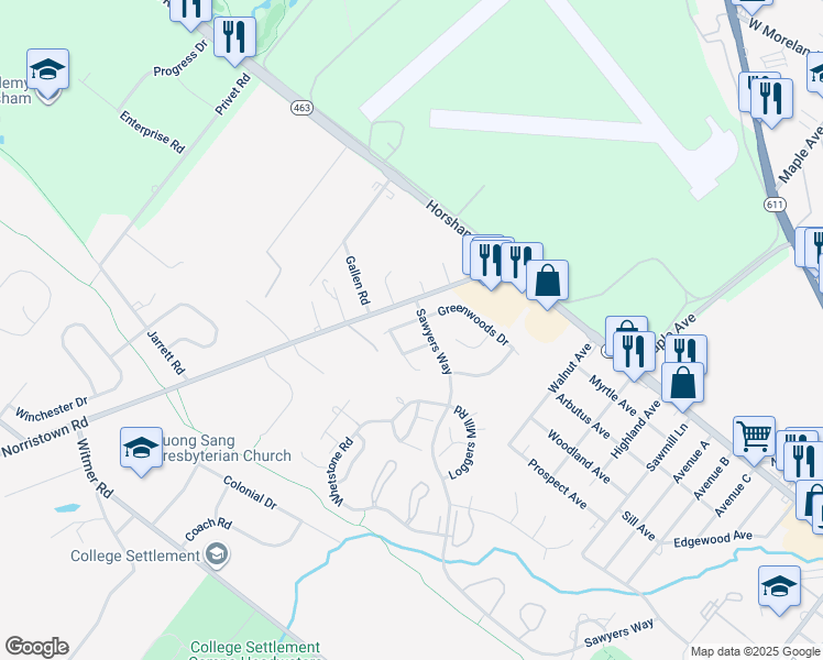 map of restaurants, bars, coffee shops, grocery stores, and more near 70 Greenwoods Drive in Horsham