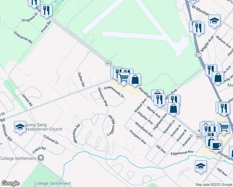 map of restaurants, bars, coffee shops, grocery stores, and more near 2 Beaver Hill Road in Horsham