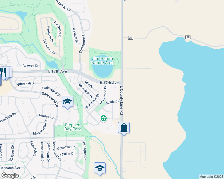 map of restaurants, bars, coffee shops, grocery stores, and more near 1519 Armstrong Drive in Longmont