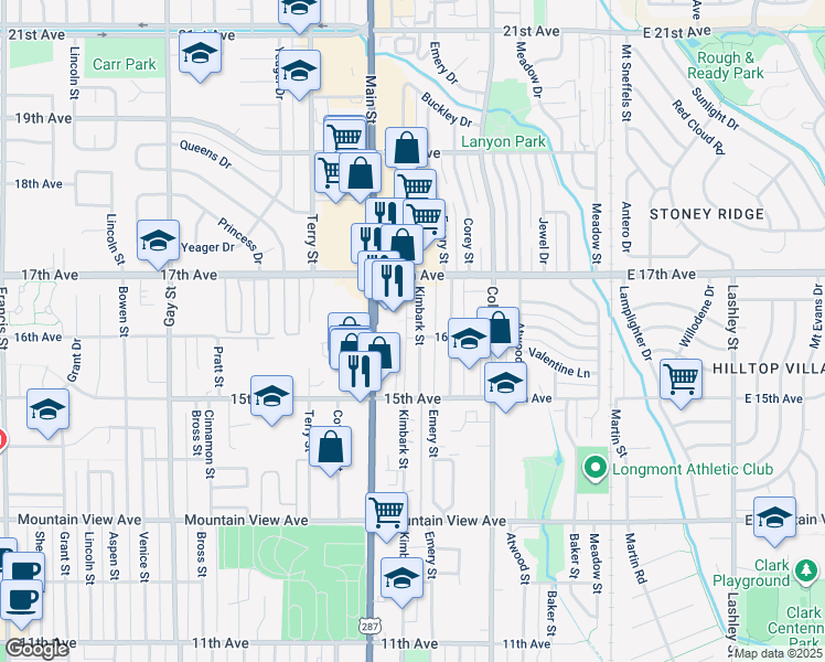 map of restaurants, bars, coffee shops, grocery stores, and more near 1542 Kimbark Street in Longmont