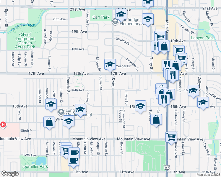 map of restaurants, bars, coffee shops, grocery stores, and more near 1211 16th Avenue in Longmont