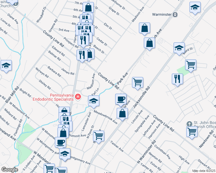 map of restaurants, bars, coffee shops, grocery stores, and more near 2827 East County Line Road in Hatboro