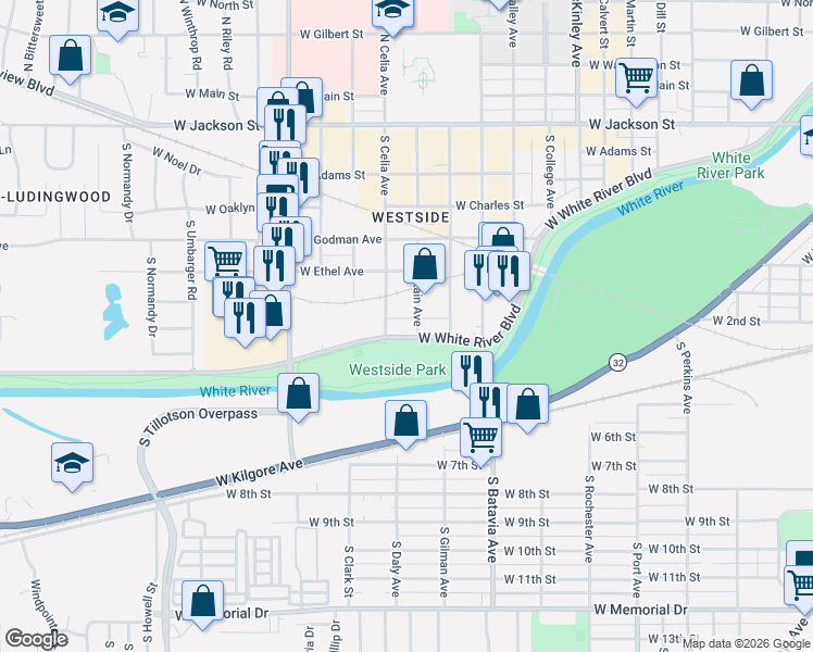 map of restaurants, bars, coffee shops, grocery stores, and more near in Muncie