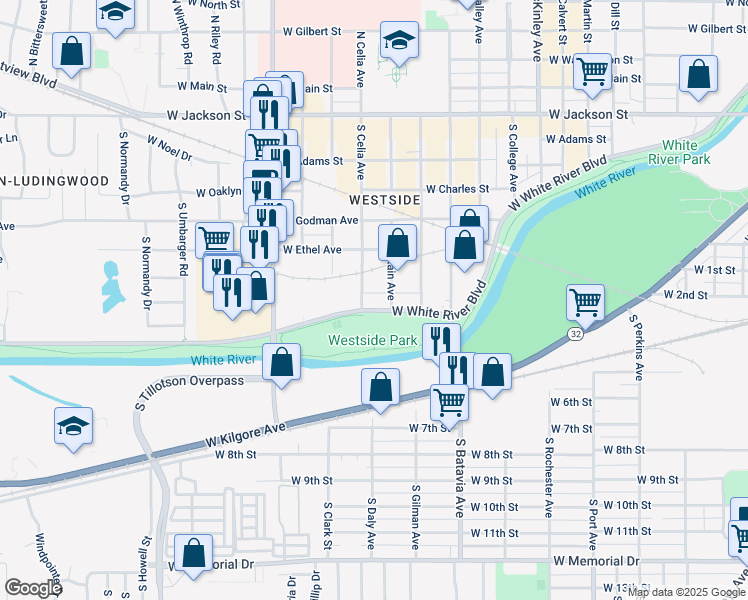 map of restaurants, bars, coffee shops, grocery stores, and more near in Muncie