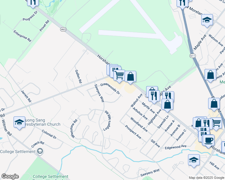map of restaurants, bars, coffee shops, grocery stores, and more near 2 Beaver Hill Road in Horsham