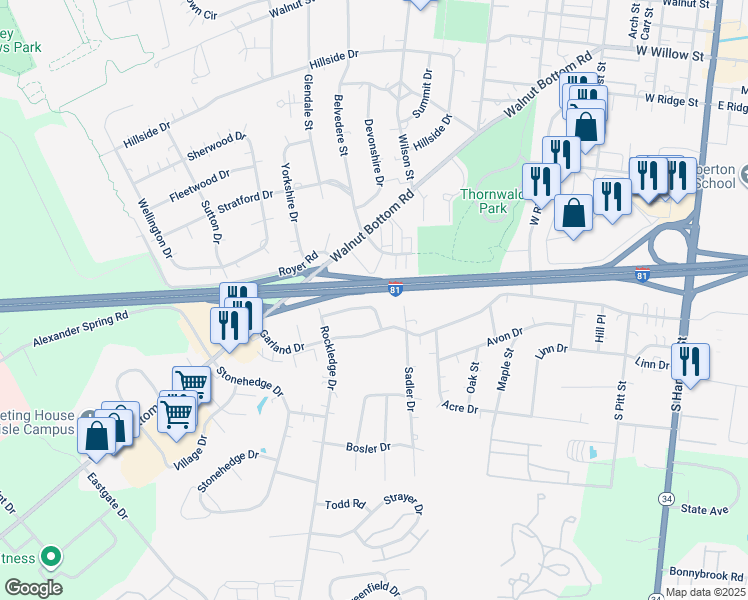 map of restaurants, bars, coffee shops, grocery stores, and more near 505 Thornwood Lane in Carlisle