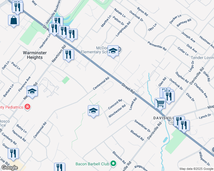 map of restaurants, bars, coffee shops, grocery stores, and more near 511 Winding Way in Warminster