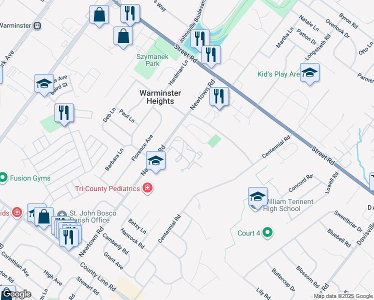 map of restaurants, bars, coffee shops, grocery stores, and more near 365 Newtown Road in Warminster