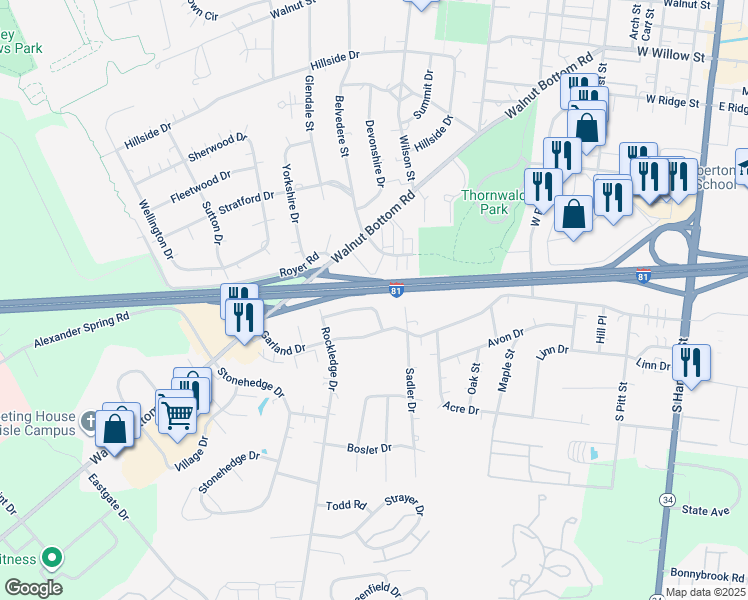 map of restaurants, bars, coffee shops, grocery stores, and more near 505 Thornwood Lane in Carlisle