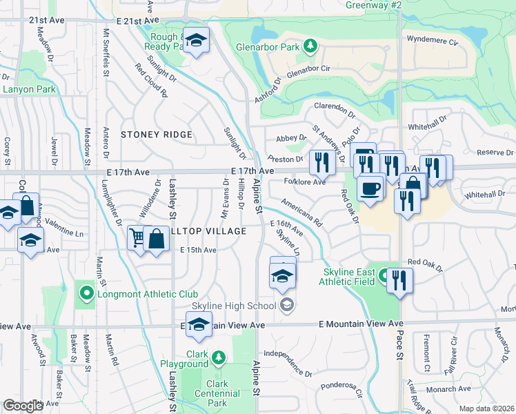 map of restaurants, bars, coffee shops, grocery stores, and more near 1609 Alpine Street in Longmont