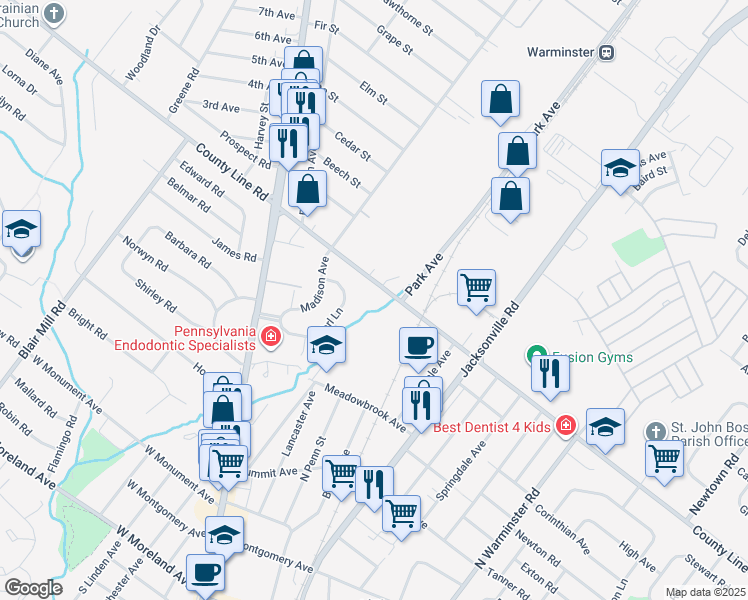 map of restaurants, bars, coffee shops, grocery stores, and more near 240 East County Line Road in Hatboro
