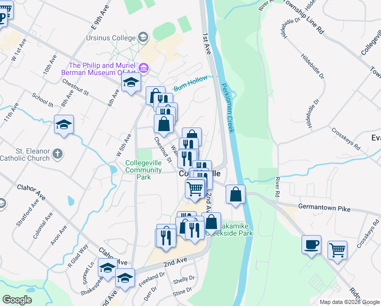 map of restaurants, bars, coffee shops, grocery stores, and more near in Collegeville