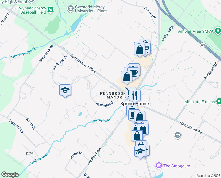 map of restaurants, bars, coffee shops, grocery stores, and more near 213 Nevin Lane in Ambler