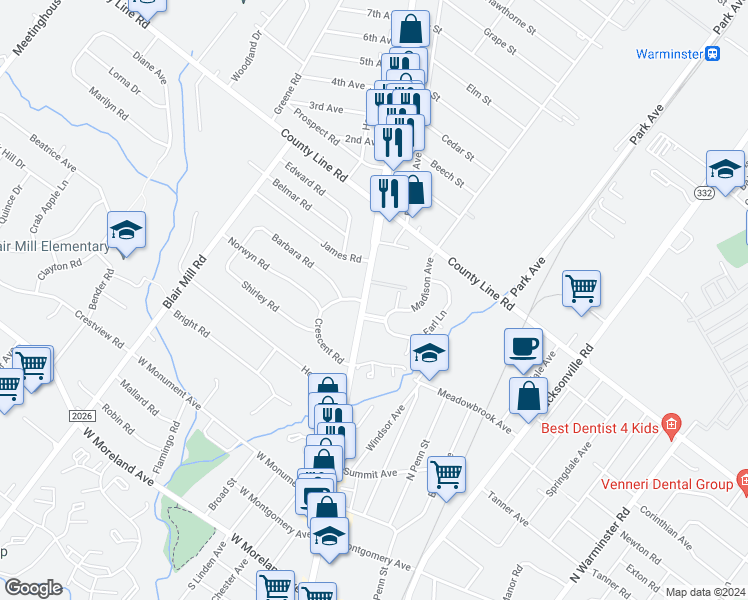 map of restaurants, bars, coffee shops, grocery stores, and more near 401 Madison Avenue in Hatboro