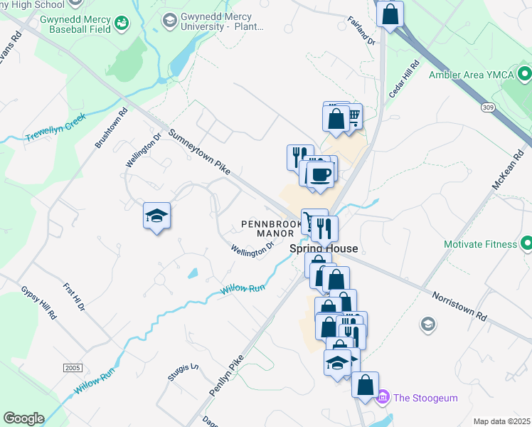 map of restaurants, bars, coffee shops, grocery stores, and more near 213 Nevin Lane in Ambler