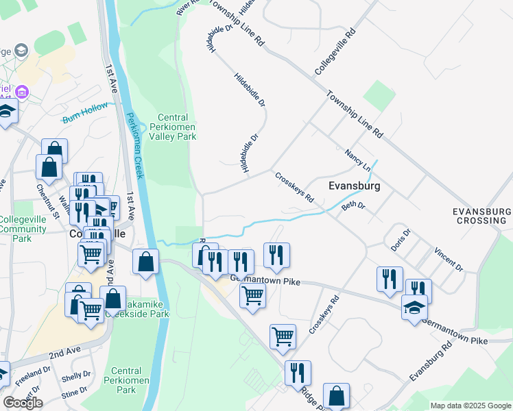 map of restaurants, bars, coffee shops, grocery stores, and more near 226 Collegeville Road in Collegeville