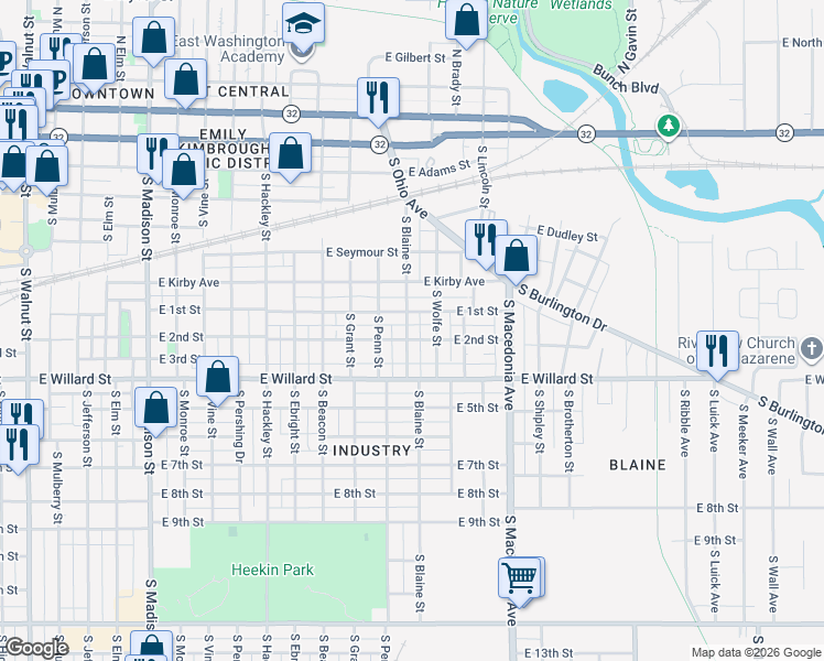 map of restaurants, bars, coffee shops, grocery stores, and more near 820 South Blaine Street in Muncie