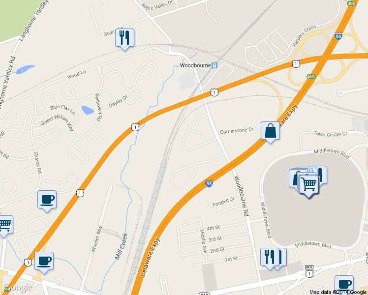 map of restaurants, bars, coffee shops, grocery stores, and more near 40 Pickering Bend in Langhorne