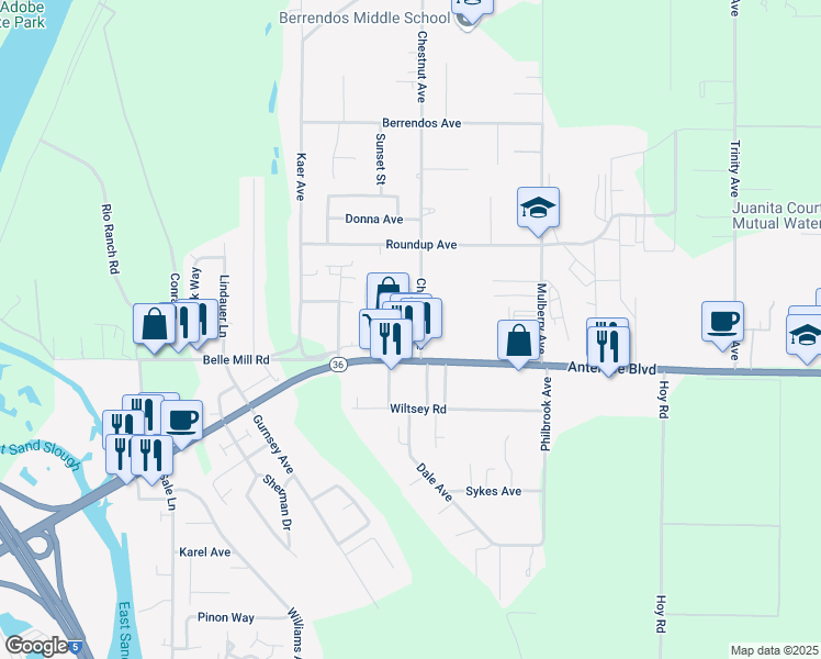 map of restaurants, bars, coffee shops, grocery stores, and more near 40 Chestnut Avenue in Red Bluff
