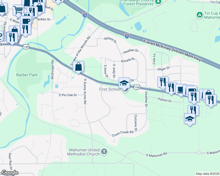 map of restaurants, bars, coffee shops, grocery stores, and more near 1306 Hickory Tree Court in Mahomet