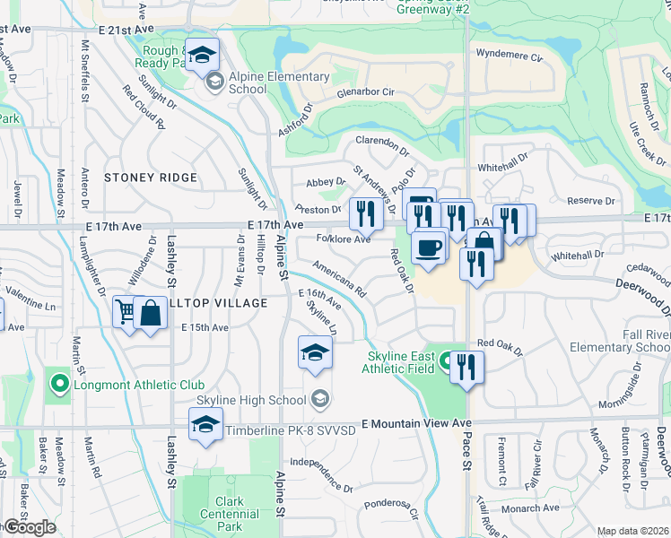 map of restaurants, bars, coffee shops, grocery stores, and more near 524 East 16th Avenue in Longmont