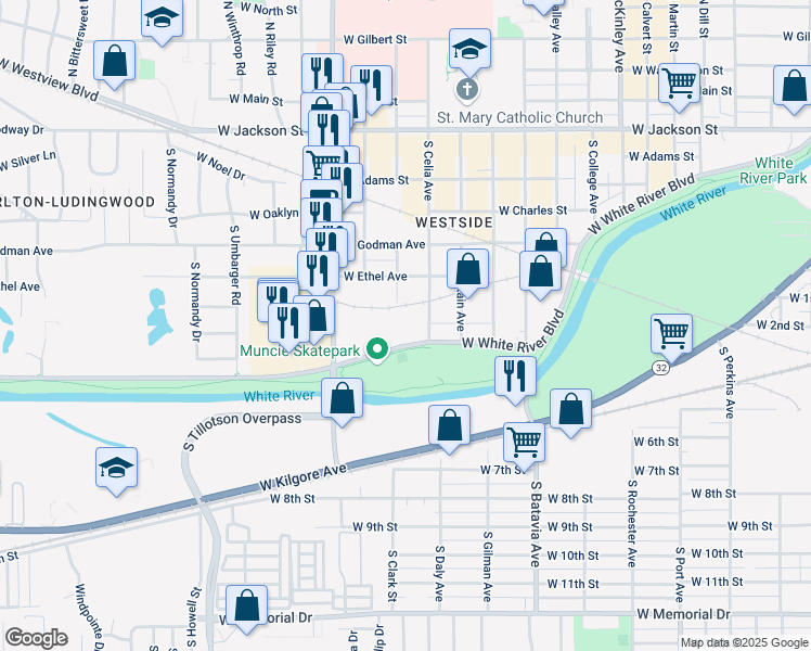 map of restaurants, bars, coffee shops, grocery stores, and more near 2590 West White River Boulevard in Muncie