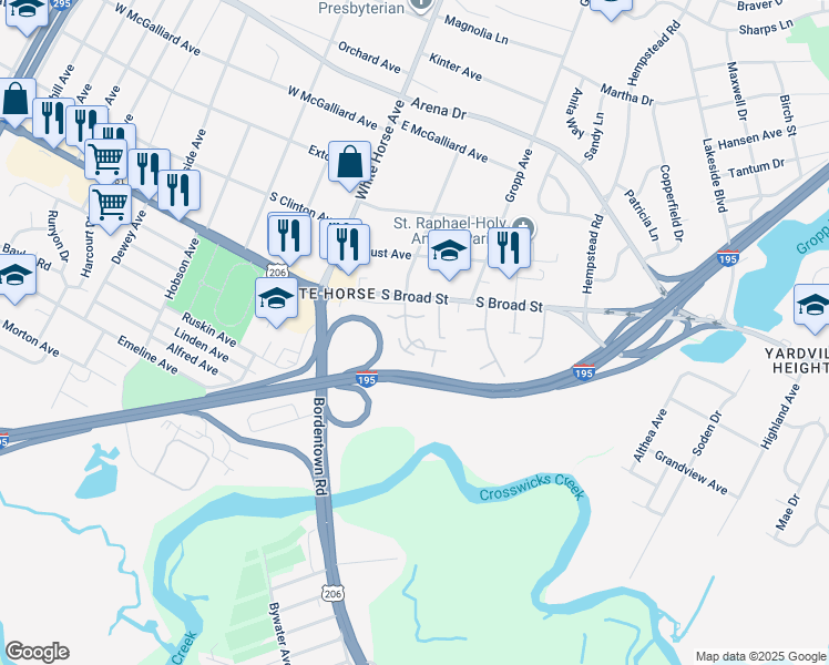 map of restaurants, bars, coffee shops, grocery stores, and more near 2 Woodland Court in Hamilton Township