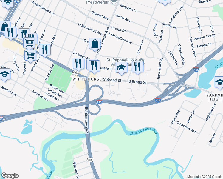 map of restaurants, bars, coffee shops, grocery stores, and more near 1 Woodland Court in Hamilton Township