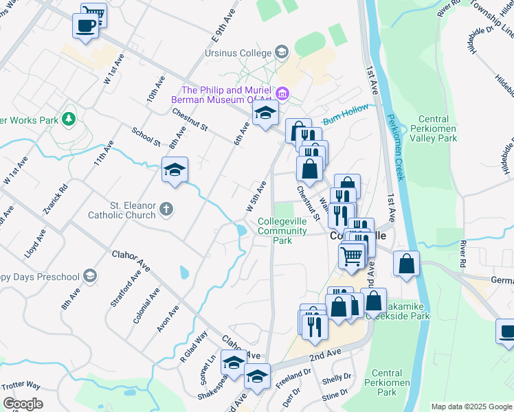 map of restaurants, bars, coffee shops, grocery stores, and more near 124 West 5th Avenue in Collegeville