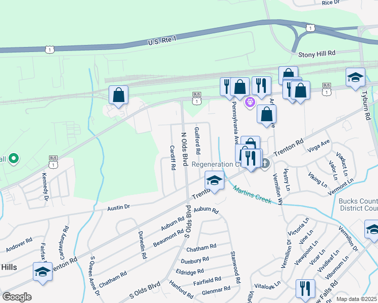 map of restaurants, bars, coffee shops, grocery stores, and more near 252 North Olds Boulevard in Fairless Hills