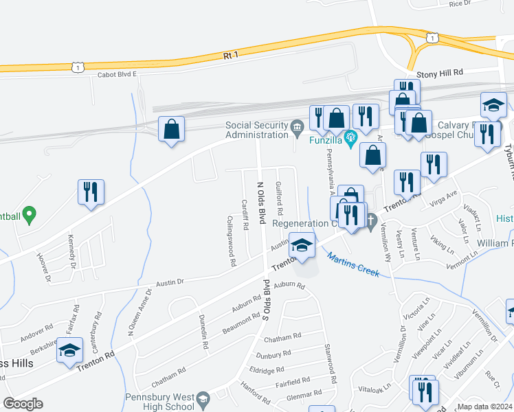map of restaurants, bars, coffee shops, grocery stores, and more near 251 North Olds Boulevard in Fairless Hills