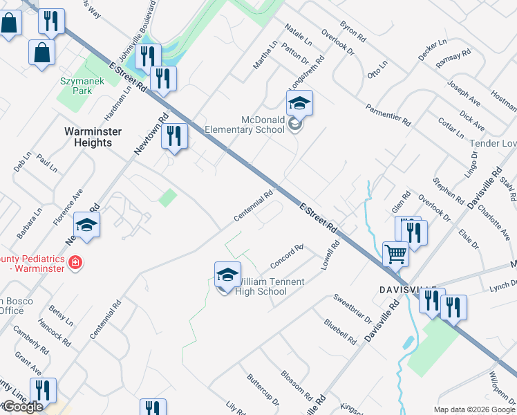 map of restaurants, bars, coffee shops, grocery stores, and more near 512 Winding Way in Warminster