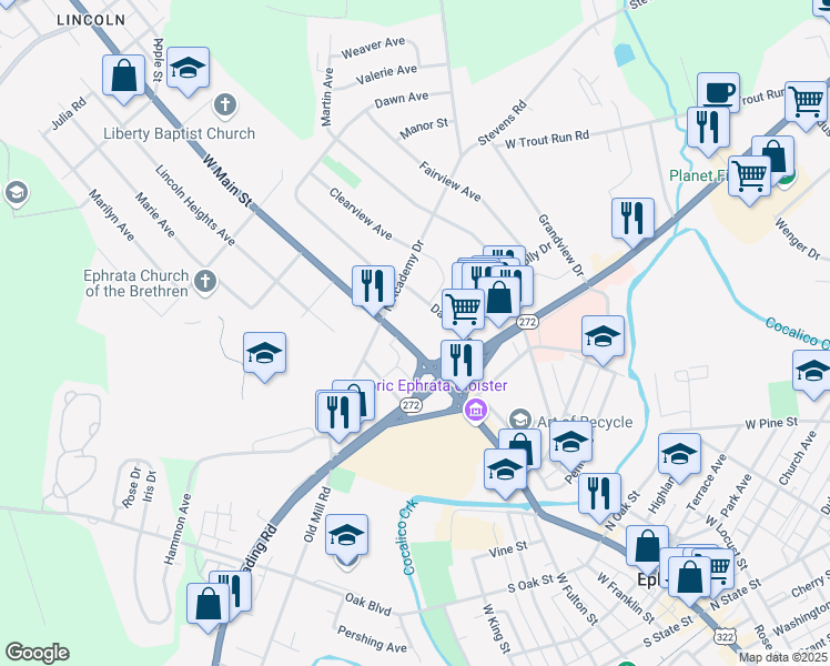 map of restaurants, bars, coffee shops, grocery stores, and more near 809 West Main Street in Ephrata