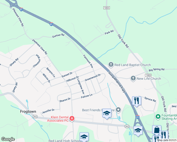 map of restaurants, bars, coffee shops, grocery stores, and more near 105 Hillcrest Drive in New Cumberland
