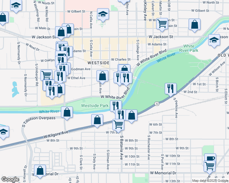 map of restaurants, bars, coffee shops, grocery stores, and more near 717 South Nichols Avenue in Muncie