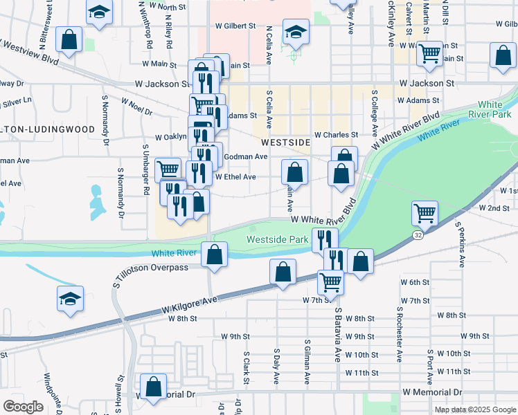 map of restaurants, bars, coffee shops, grocery stores, and more near 2500 West White River Boulevard in Muncie