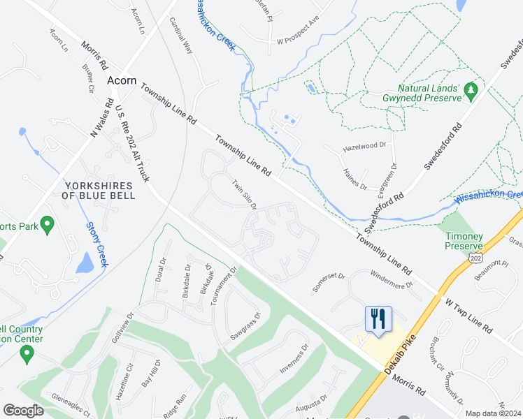 map of restaurants, bars, coffee shops, grocery stores, and more near 4434 Twin Silo Drive in Blue Bell