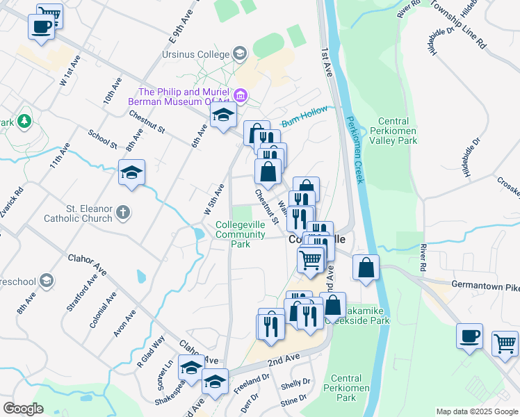 map of restaurants, bars, coffee shops, grocery stores, and more near 100 West 4th Avenue in Collegeville