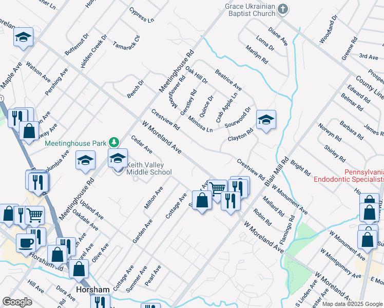 map of restaurants, bars, coffee shops, grocery stores, and more near 210 West Moreland Avenue in Hatboro