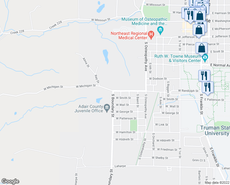 map of restaurants, bars, coffee shops, grocery stores, and more near West Smith Street in Kirksville