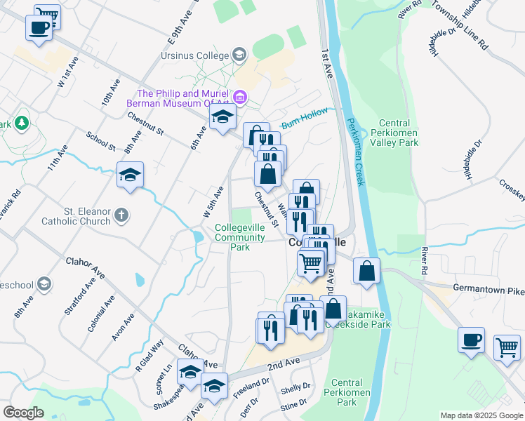 map of restaurants, bars, coffee shops, grocery stores, and more near 100 West 4th Avenue in Collegeville