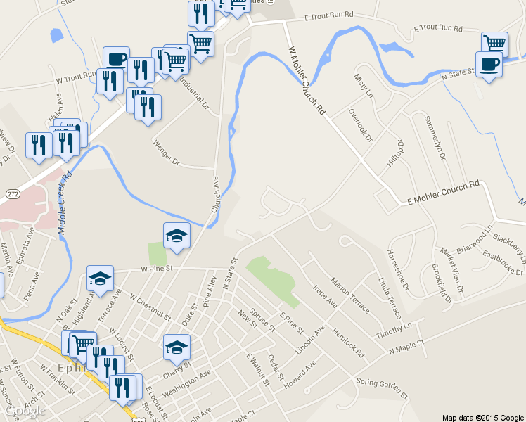 map of restaurants, bars, coffee shops, grocery stores, and more near 45 Silver Maple Circle in Ephrata