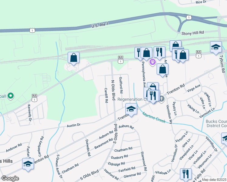 map of restaurants, bars, coffee shops, grocery stores, and more near 252 North Olds Boulevard in Fairless Hills