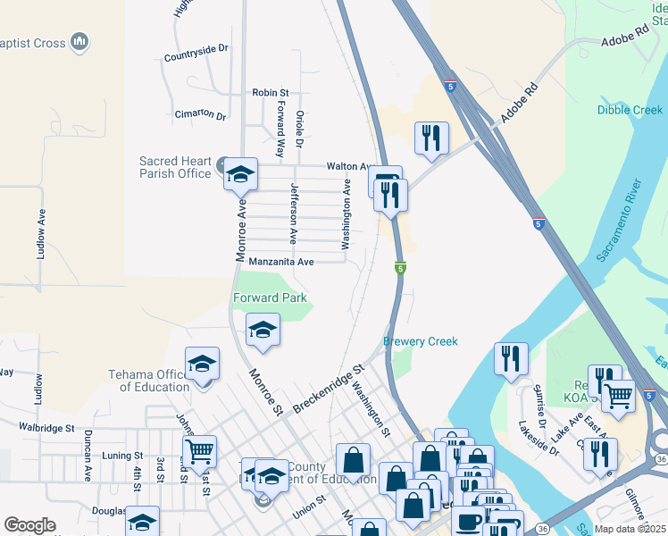 map of restaurants, bars, coffee shops, grocery stores, and more near 1920 Jefferson Ave in Red Bluff